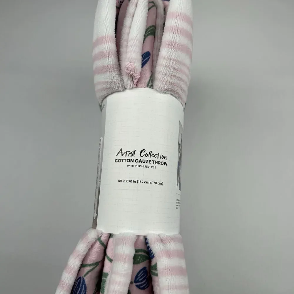 Artist Collection Cotton Gauze Throw Plush Reverse Pink Floral Blanket 60x70